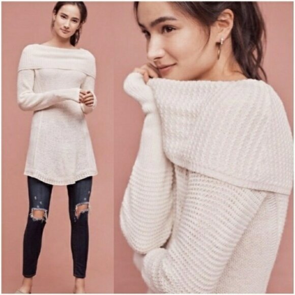 Anthropologie Angel of the North Cream / White Rosie Cowl Neck Tunic Sweater S - Picture 1 of 7